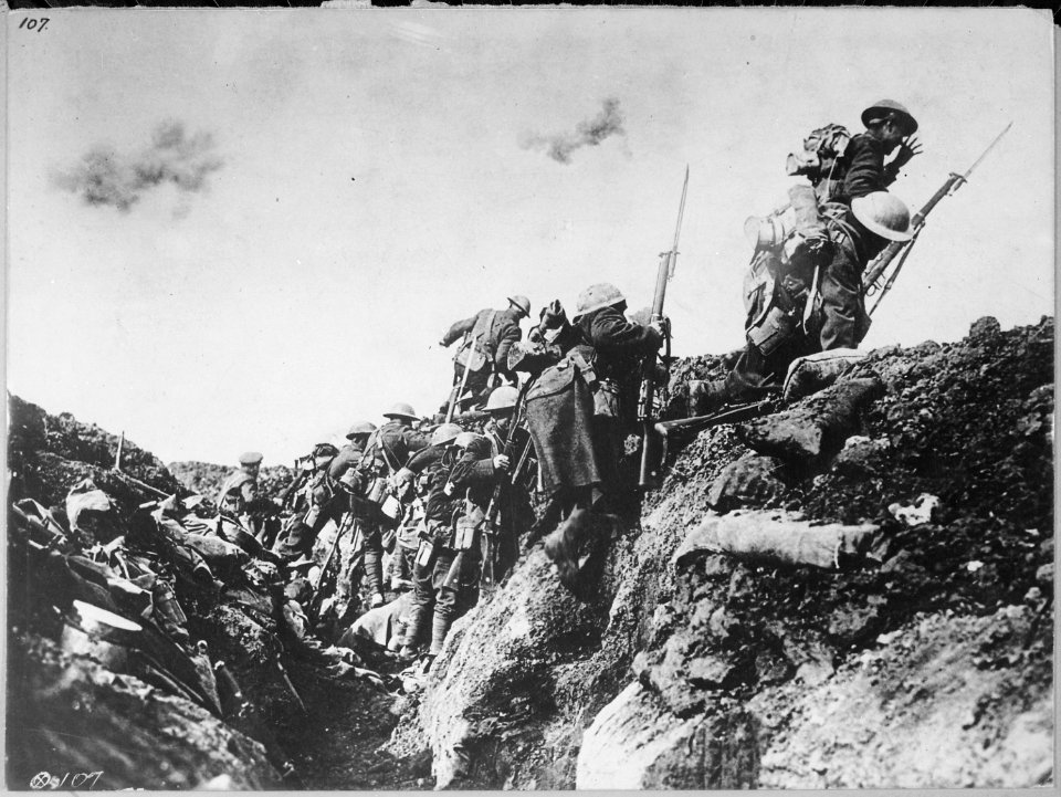 Canadian troops going over the top during training near St. Pol, France, October 1916., ca. 1900 - 1982 - NARA - 530709