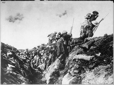 Canadian troops going over the top during training near St. Pol, France, October 1916., ca. 1900 - 1982 - NARA - 530709 photo