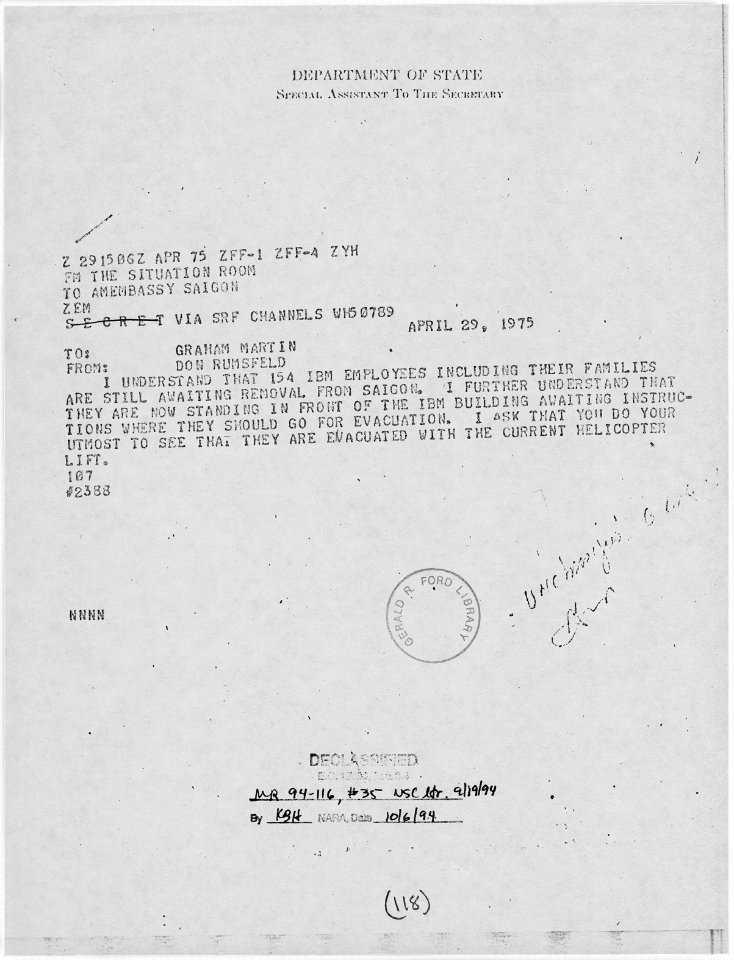 Cable from Donald Rumsfeld, Assistant to the President for White House Operations, to Graham Martin, Ambassador to... - NARA - 186725