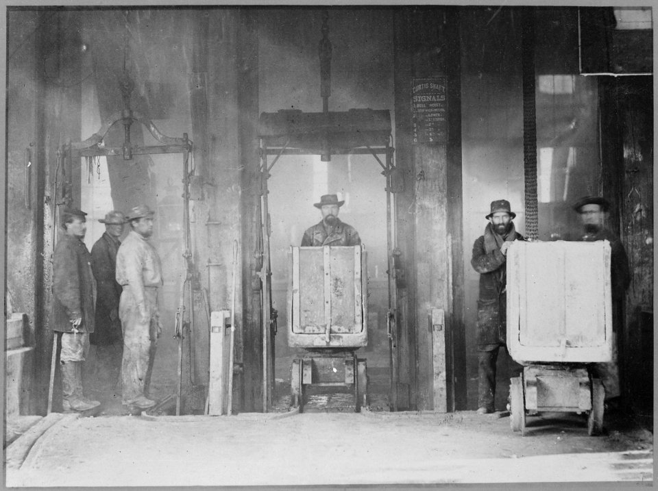 Cars coming out of shaft, Comstock Mine, Virginia City, Nev. By O'Sullivan, 1867-68 - NARA - 519526