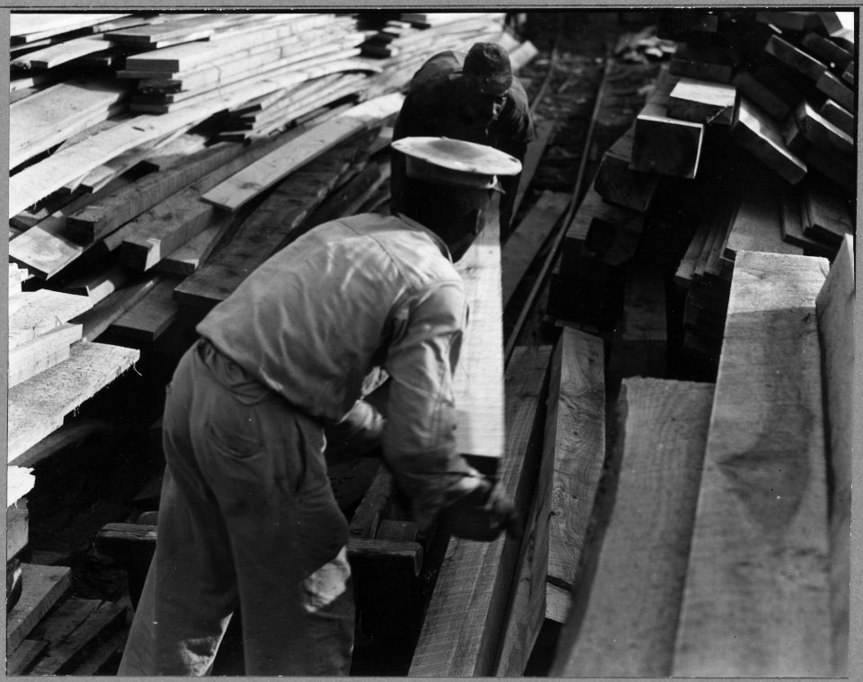 Charles County, Maryland. Two Negro workers pile the sawed planks at the sawmill in the Nanjemoy com . . . - NARA - 521564