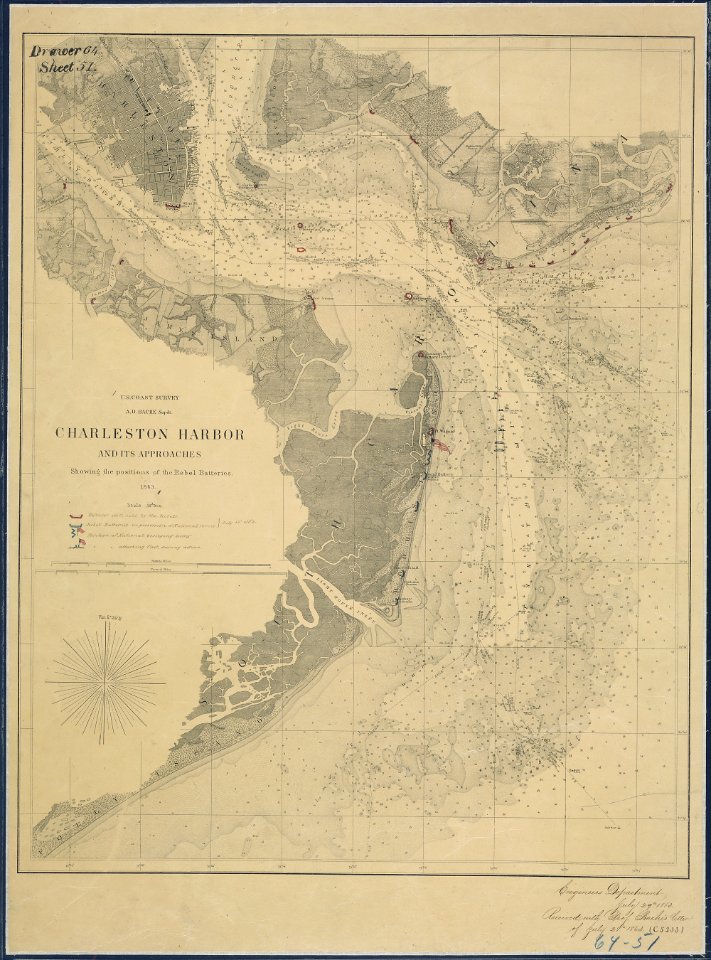 Charleston Harbor and its Approaches Showing the positions of the Rebel Batteries, 1863 (and annotated to show the... - NARA - 305751