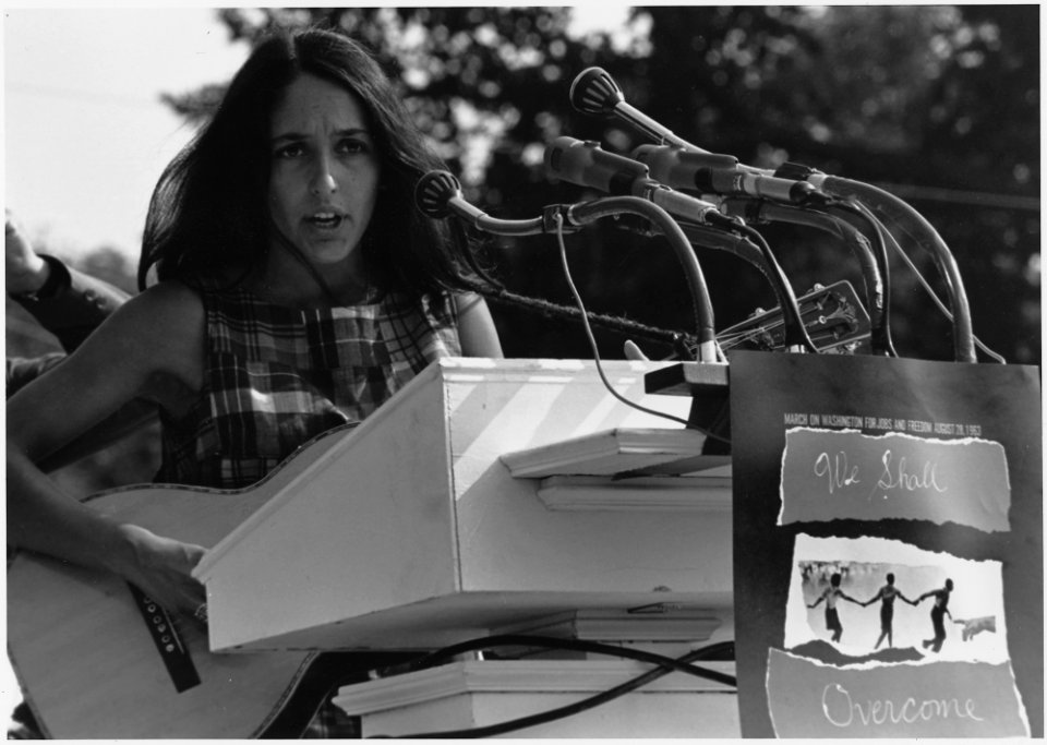 Civil Rights March on Washington, D.C. (Entertainment, Vocalist Joan Baez. A sign hanging near the microphones reads... - NARA - 542017