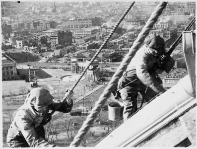 Civil Works Administration (CWA) workmen cleaning and painting the gold dome of the Denver Capitol, 1934 - NARA - 541904