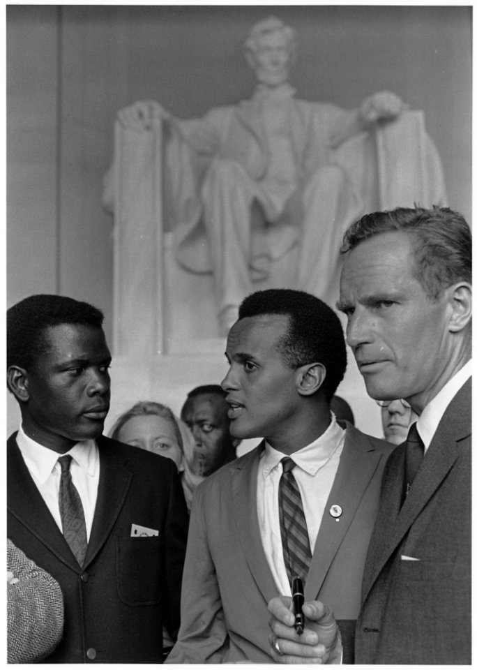 Civil Rights March on Washington, D.C. (Actors Sidney Poitier, Harry Belafonte, and Charlton Heston.) - NARA - 542061