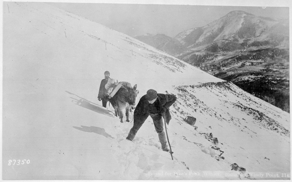 Climbing Pike's Peak, Colorado, in winter, rounding Windy Point, ca. 1890 - NARA - 530908