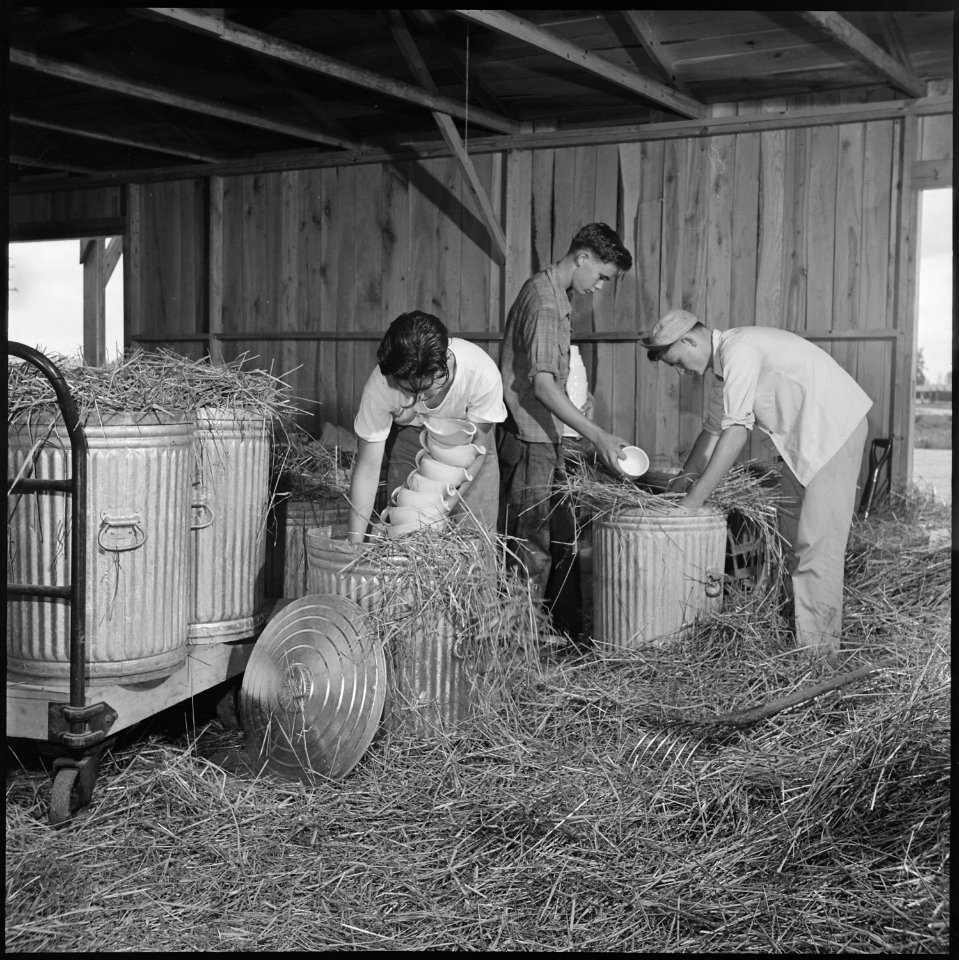 Closing of the Jerome Relocation Center, Denson, Arkansas. Dishes from the thirty-three Jerome mess . . . - NARA - 539744