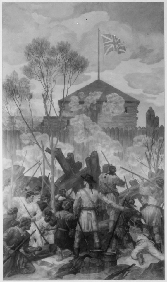 Clark's attack on Fort Sackville, Vincennes. February 1779. Copy of painting by Ezra Winter, circa 1933-34., ca. 1910 - - NARA - 518215