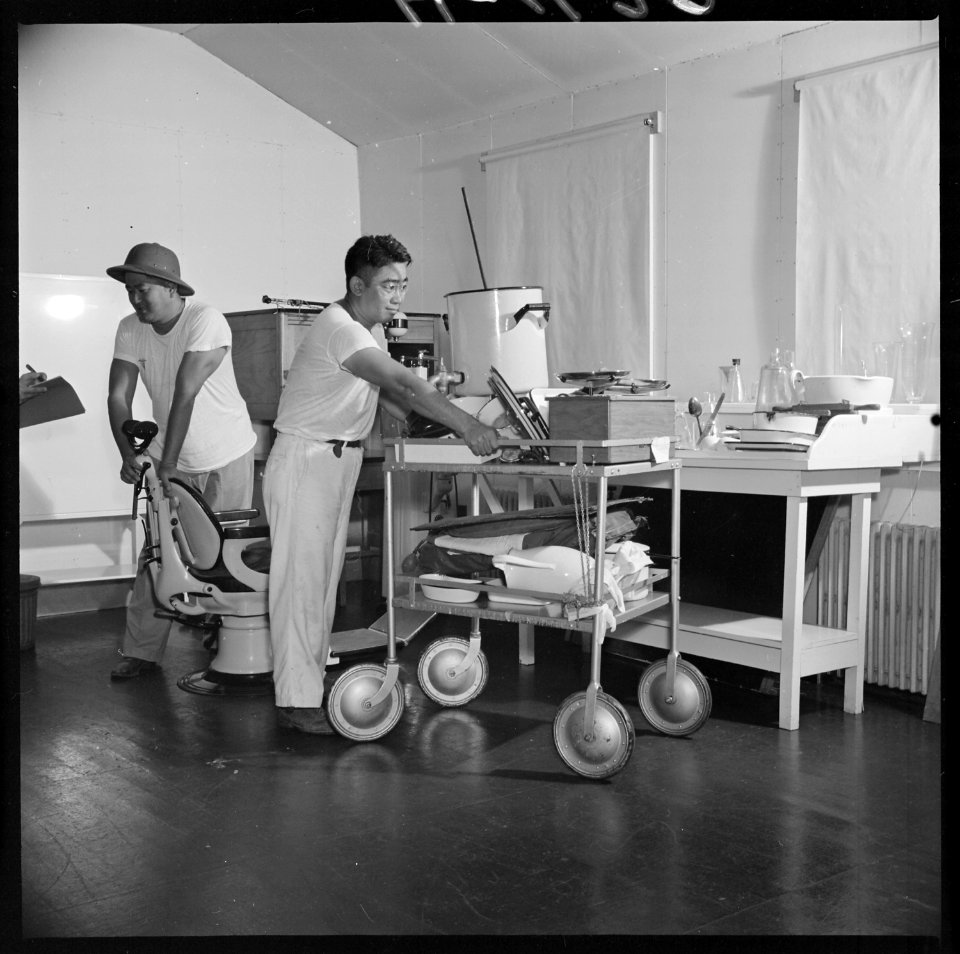 Closing of the Jerome Relocation Center, Denson, Arkansas. Hospital equipment being assembled in on . . . - NARA - 539635