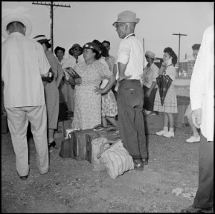 Closing of the Jerome Relocation Center, Denson, Arkansas. Jerome evacuees with their hand luggage . . . - NARA - 539758