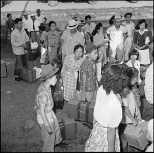 Closing of the Jerome Relocation Center, Denson, Arkansas. Jerome residents with their hand luggage . . . - NARA - 539816