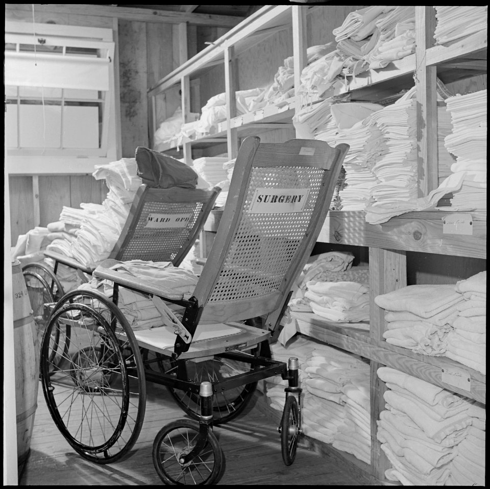 Closing of the Jerome Relocation Center, Denson, Arkansas. Hospital linen stored in one of the supp . . . - NARA - 539811