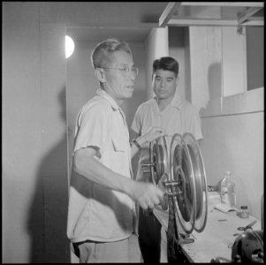 Closing of the Jerome Relocation Center, Denson, Arkansas. Scene in the projection booth at the Jer . . . - NARA - 539787