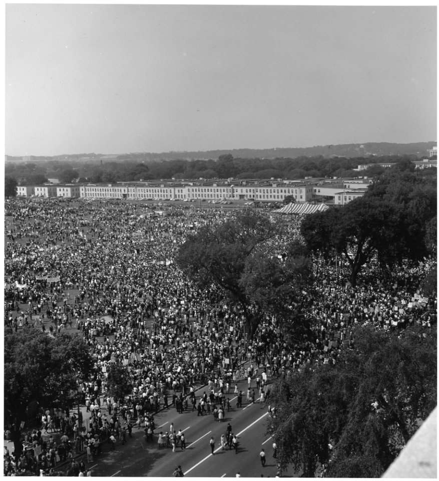 Civil Rights March on Washington, D.C. (Aerial view of the crowd of marchers on the mall and street.) - NARA - 541998