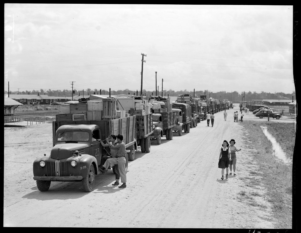 Closing of the Jerome Relocation Center, Denson, Arkansas. One of the freight caravans which assemb . . . - NARA - 539644