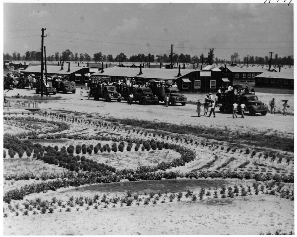 Closing of the Jerome Relocation Center, Denson, Arkansas. Scene before the administration building . . . - NARA - 539692