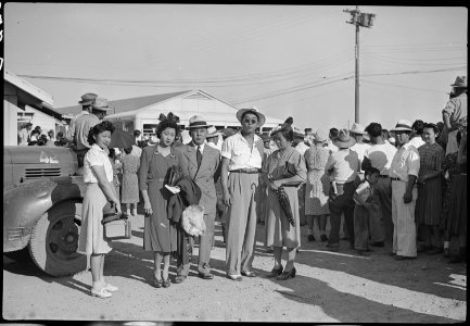 Colorado River Relocation Center, Poston, Arizona. Left to Right, Mr. and Mrs. Tom Yanai of Post . . . - NARA - 537295