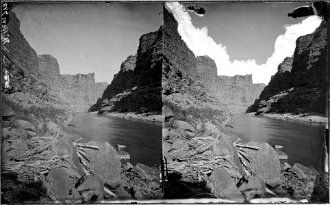 Colorado River. Cataract Canyon, boulders on left have logs wedged among them. Old nos. 314, 381, - NARA - 517966