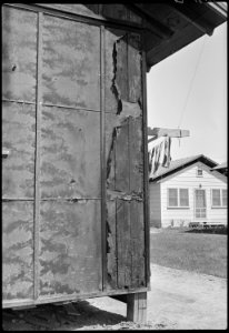 Colorado River Relocation Center, Poston, Arizona. Corner of Barrack G in Block 34, where appointed . . . - NARA - 537284