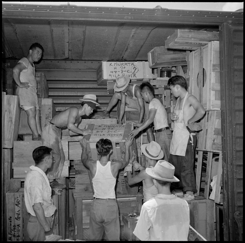 Closing of the Jerome Relocation Center, Denson, Arkansas. Typical scene in one of the box cars as . . . - NARA - 539767
