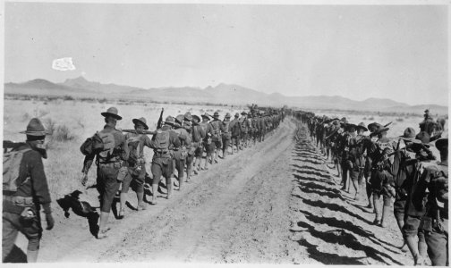 Column of 6th and 16th Infantry en route to the States, between Corralitos Rancho and Ojo Federico, January 29th, 1917. - NARA - 533149 photo