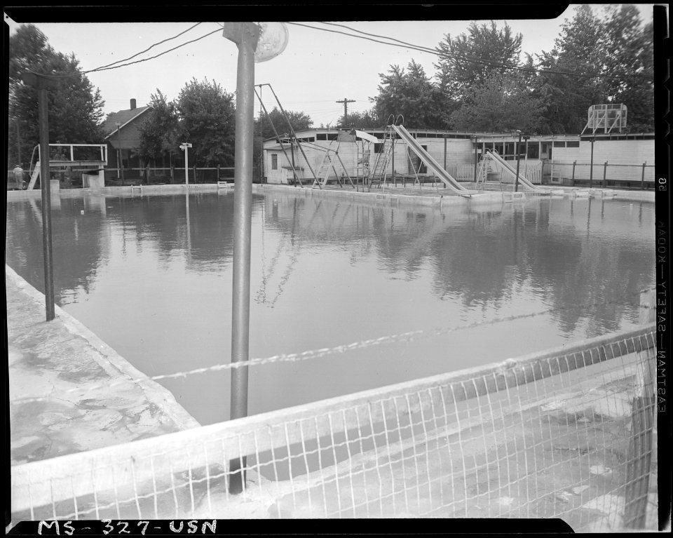 Commercial swimming pool under investigation by Illinois Public Health Officials. Pool is 24 years old, has no... - NARA - 540359