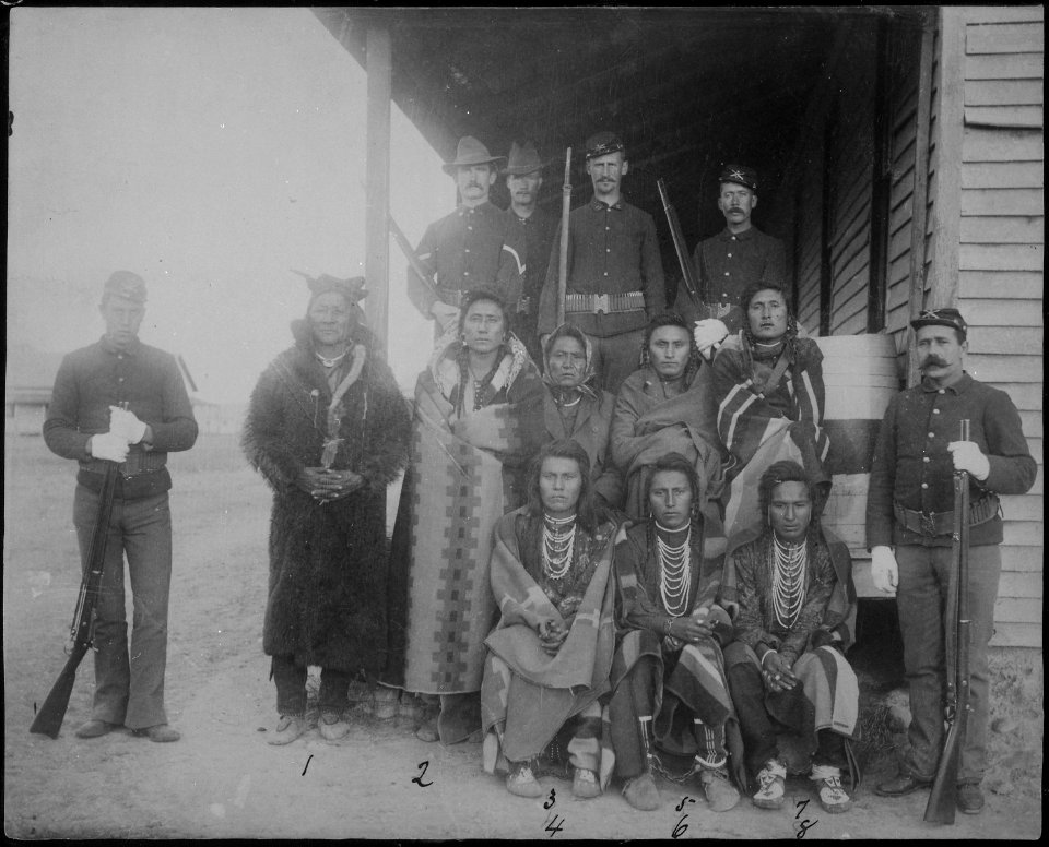 Crow prisoners taken after the fight of Nov.5, 1887 at the Crow Agency (Montana, 1.Crazy Head, 2.Knowing his Coos... - NARA - 533059