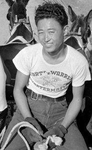 Detail (right), Jerome Relocation Center, Denson, Arkansas. One thing about Arkansas mules - you don't have to keep . . . - NARA - 538832 (cropped)