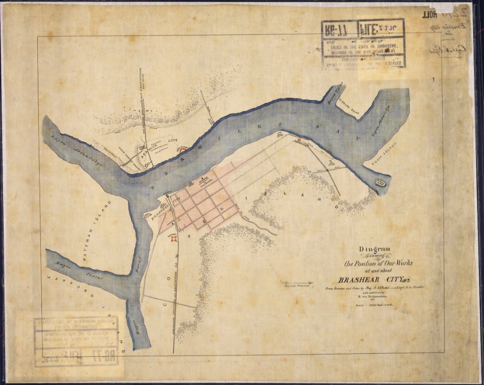 Diagram showing the Position of Our Works at and about Brashear City, from Surveys and Notes by Maj. A. Elfield and... - NARA - 305733