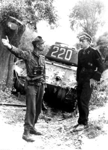 Dwaj żołnierze niemieccy przed zniszczonym radzieckim czołgiem (2-671) photo