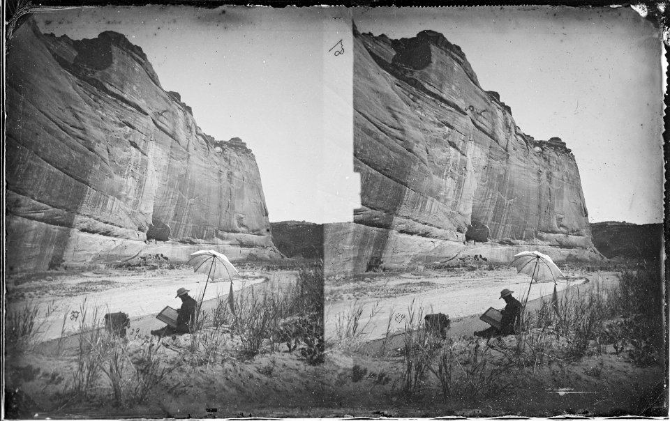 Distant view of ancient ruins in lower part of Canyon De Chelle, Arizona 1873 - NARA - 519811