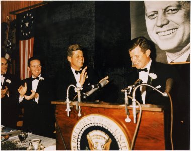Democratic Fund Raising Dinner. Speaker of the House John McCormack,unidentified man, President Kennedy, Senator... - NARA - 194272 photo