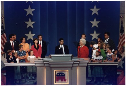 During Mrs. Bush's speech at the Republican National Convention at the Houston Astrodome, her grandson George P. Bush... - NARA - 186456