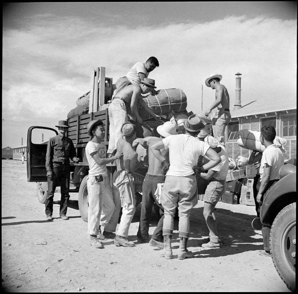Eden, Idaho. Baggage belonging to evacuees from the assembly center at Puyallup, Washington, is sor . . . - NARA - 538281
