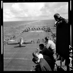 F6F taxies into position after landing on board the USS Lexington (CV-16). - NARA - 520901