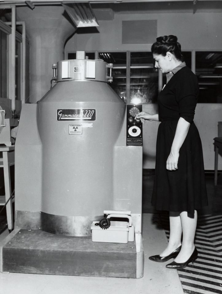 Eleanor Vadala with Gammacell 220 at the Naval Air Material Center wm117p28d