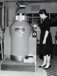 Eleanor Vadala with Gammacell 220 at the Naval Air Material Center wm117p28d