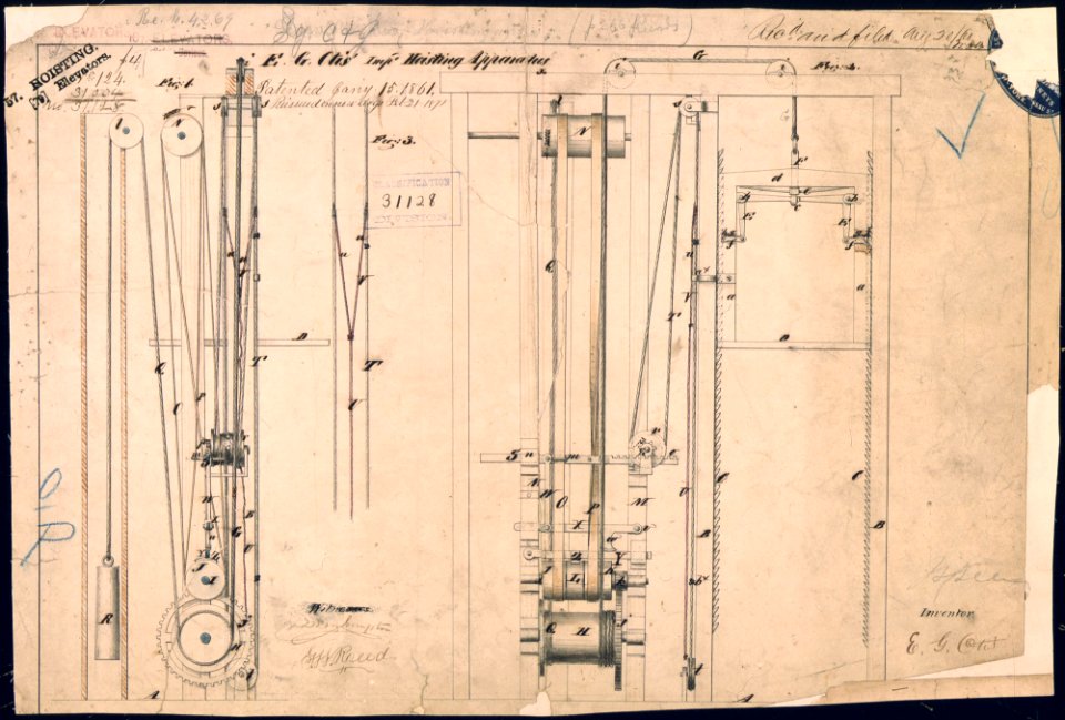Elisha Otis's Elevator Patent Drawing - NARA - 305889