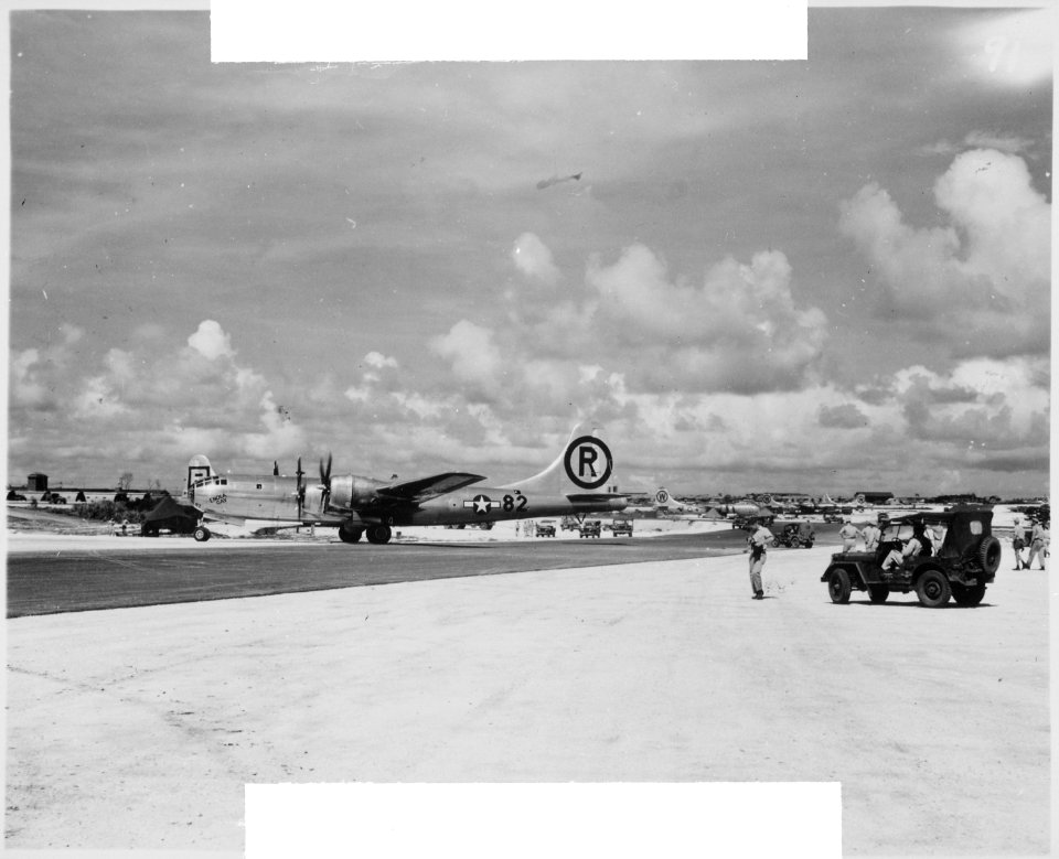 Enola Gay after strike at Hiroshima, entering hard-stand - NARA - 519393