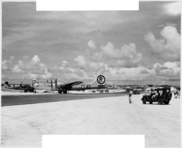 Enola Gay after strike at Hiroshima, entering hard-stand - NARA - 519393