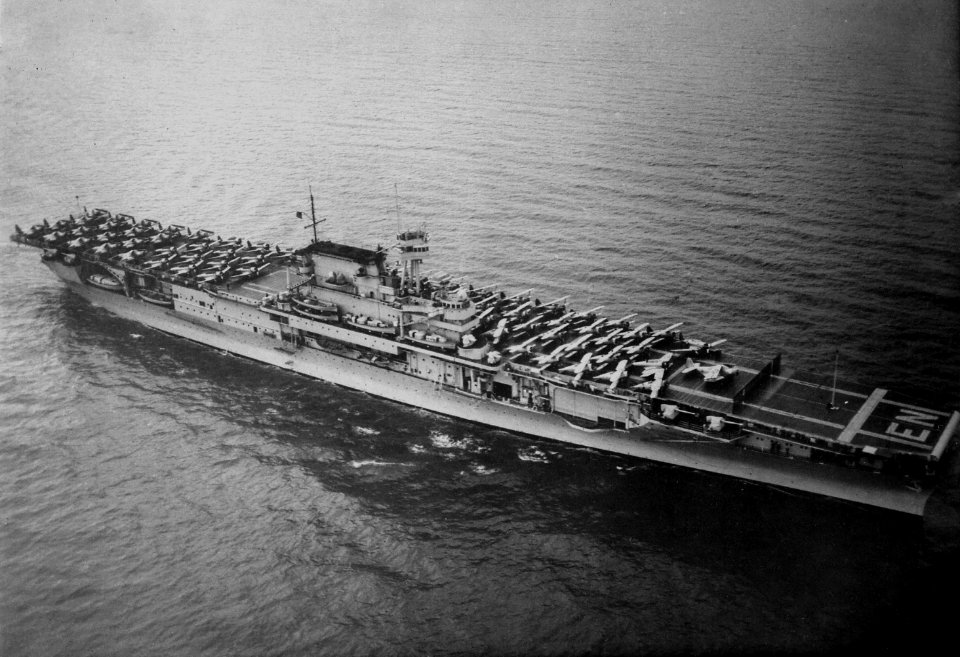Enterprise (CV6). Aerial, starboard bow, underway, aircraft on deck, 04-12-1939 - NARA - 520811