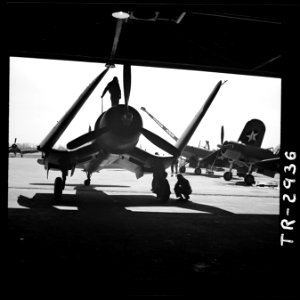 Final check up on F4U at the Chance-Vought Corp., Stratford, Conn. Checking wing operating mechanisms. - NARA - 520740