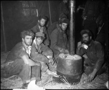 Former American and Australian prisoners of war warming up before a stove in the 24th Division medical clearing... - NARA - 531398