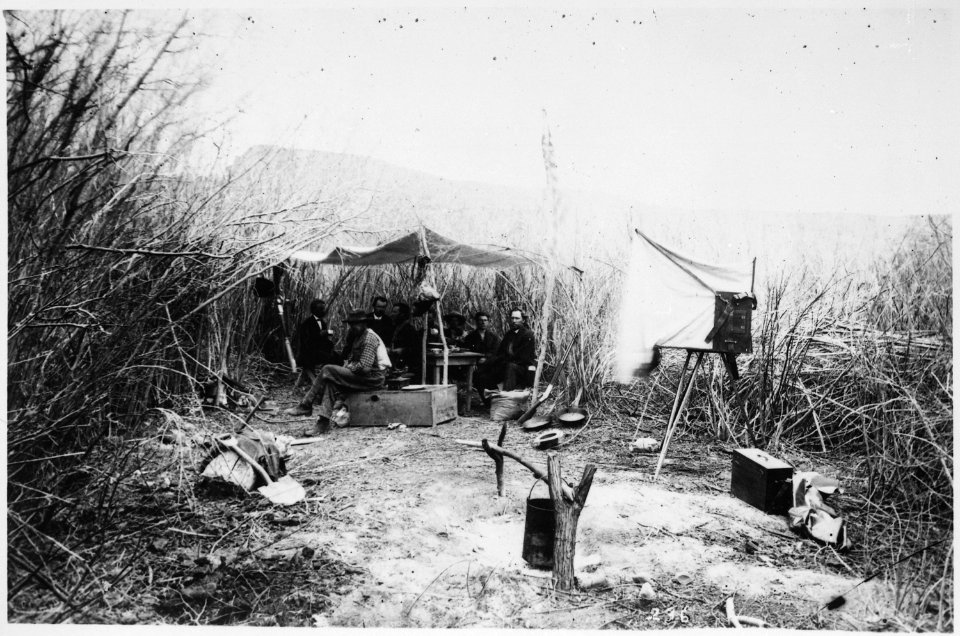 First camp of the John Wesley Powell expedition, in the willows, Green River, Wyo. Terr. By E. 0. Beaman, 1871 - NARA - 517819