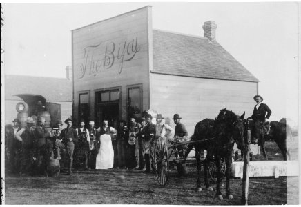 Gathered around the kegs at Kelley's saloon The Bijou. Round Pond, OkIa. Terr. By Kennett, January 1894 - NARA - 540092