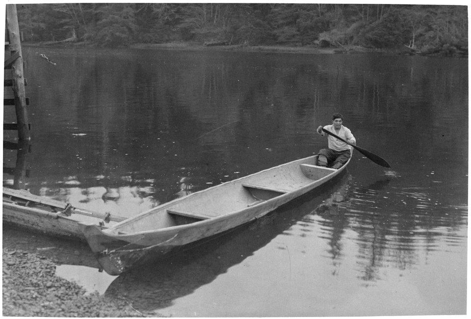 Frank Tlyasman, a Quinaielt, in his new dugout canoe, Taholah, Washington, 1936 - NARA - 519173
