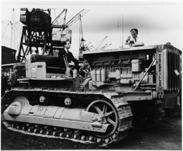 France. Marshall Plan aid to France included this Caterpiller bulldozer shown here arriving in 1949 to help rebuild... - NARA - 541683 photo