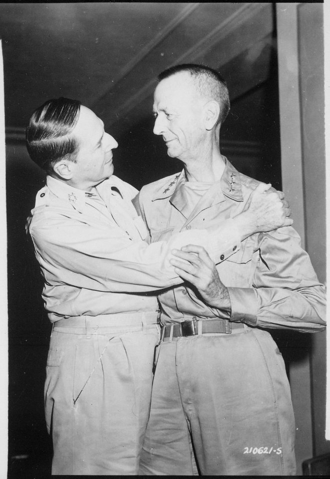 General of the Army Douglas MacArthur and Lieutenant General Jonathan Wainwright greet each other at the New Grand... - NARA - 531310