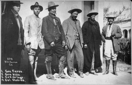 General Villa, Mexican bandit. 1. General Fierro. 2. General Villa. 3. General Ortega. 4. Colonel MediOa., ca. 1913 - NARA - 533444 photo