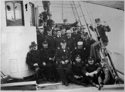 General Merritt (seated, center), Staff and Line Officers on board S-S Newport. Greely Collection., ca. 1898 - NARA - 524384